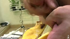 Shemale seductress compares her dick to banana and cums hard