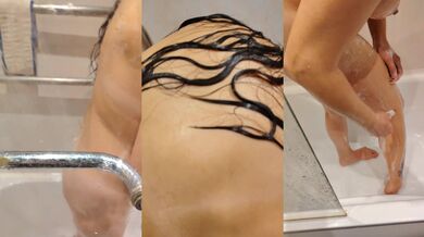 Nsked Emma in shower. Big tits lady and wet tits from real amateur wife Emma