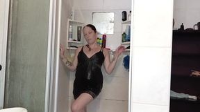 Getting soaking wet in the shower, wearing my sexy silk black night dress