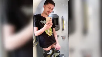 Curious straight guy jerks off and cums in public restroom