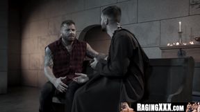 RagingXXX.com - A tattooed mechanic robbed and ass fucked by two thieves