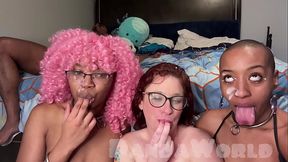 Fat Redhead Slut Spit Roasted 2 BBCs While Ebony Slut Helps Her Suck BBC, Triple Facial Finish!