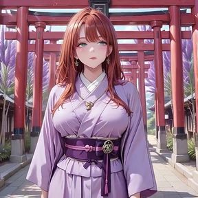 Red-haired Kimono Goddess! Kneeling Under the Sacred Torii Gate, She Adjusts Her Soaked Backless Outfit with a Shy Gaze.