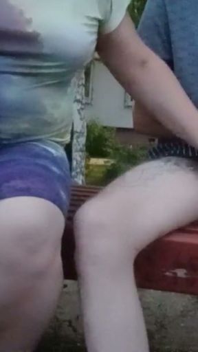 a strange woman jerks off my dick in the yard of the house   Clip 1
