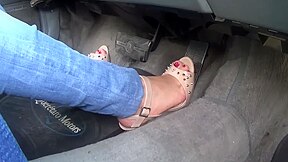 Watch Her In Her Cute Heels As She Works The Gas Pedal While Driving Her Car