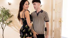 A young man gives a passionate cunnilingus for a busty brunette Izi Blu