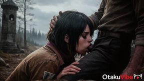 mikasa spreads her legs in front of an old priest after the battl e with the titans [ai]