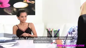 FemalePorn Slim Russian takes big dildo on agents couch