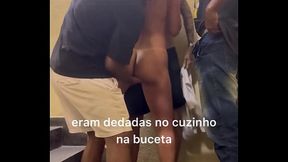 Three young men devour stunning brunette Belinha