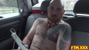 Tatted bear FTM plays with man clit