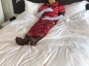 Zentai in mandarin dress with satin gloves