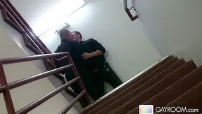 Steamy Stairwell Kiss: Two Horny Gays Grind Bust Loads – GayXXX