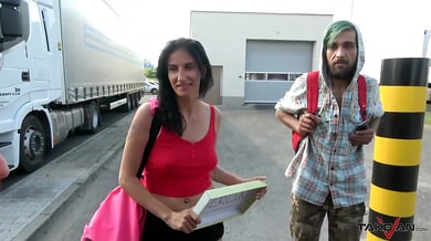 Tattooed brunette MILF with big tits hitchhikes and gets fucked in a van