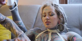 Burlesque Tattoo Beauty with Big Boobs Gives Anal Fuck with Strap-on