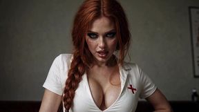 sexy redhead nurse in white mini, stockings & heels - office fuck with patient & cum in mouth ai generated