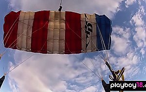 Big boobed badass babe Talor Paige and her GFs jumping out from a plane