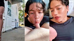 fannyfemmboi get caught being naughty outside her home, she has to pay with a worm blowjob and footjob, her neighboor watched her and then she ate his cum from her feet