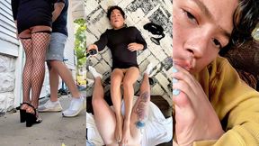fannyfemmboi get caught being naughty outside her home, she has to pay with a worm blowjob and footjob, her neighboor watched her and then she ate his cum from her feet