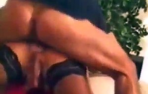 Flaming busty tranny sucks huge cock