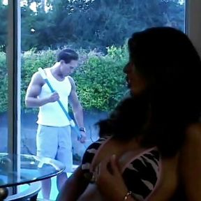 Dark haired busty beauty gets pussy sucked and fucked indoors by tattooed stud