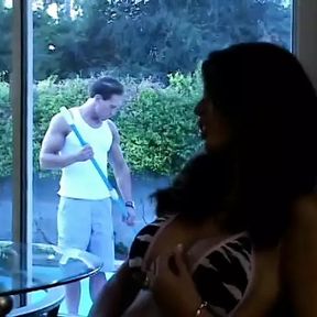 Dark haired busty beauty gets pussy sucked and fucked indoors by tattooed stud