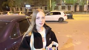 Adorable young babe asks a stranger to buy her an energy bdrink and then she lets him fuck her