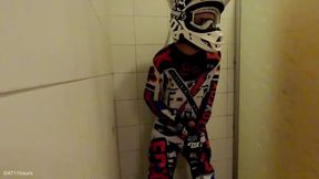 college-aged years Senior man take a bathroom in MX gear and jack off