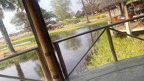 Using the lodge sofa for our naughty play - Public handjob with a great view