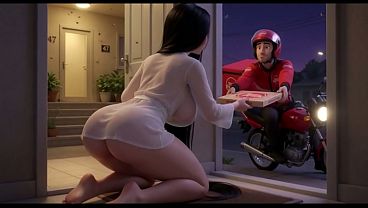 Curvy Woman In Translucent White Outfit Talks To Pizza Delivery Guy At Her Front Door At Night (AI generated)