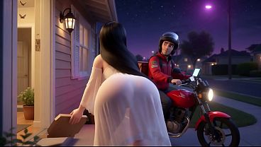 Curvy Woman In Translucent White Outfit Talks To Pizza Delivery Guy At Her Front Door At Night (AI generated)