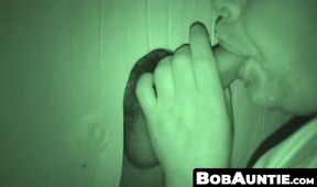 Bearded fat fucker swallows a big hairy glory hole cock vigorously