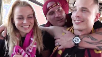 Slutty blonde is giving a blowjobs to a whole bunch of dudes