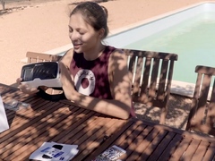 Playful amateur teen flashes her tight shaved cunt outside