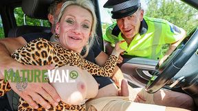 Hot officer gets her big tits in the van while riding cock cowgirl