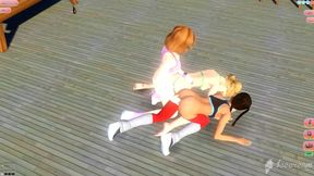 Three sexy cartoon ladies get it on in a lesbian threeway, using adult