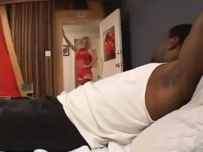 Black stud bangs sexy babe in red after hot 69 and BJ