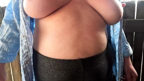 Hard slapping her big naked tits in public