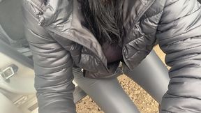 risky public blowjob by the car – cum on my leather pants & downjacket