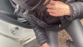 risky public blowjob by the car – cum on my leather pants & downjacket