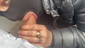 risky public blowjob by the car – cum on my leather pants & downjacket
