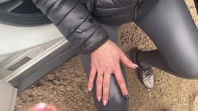 risky public blowjob by the car – cum on my leather pants & downjacket