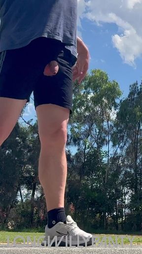 Straight guy playing outdoor basketball dick out in public