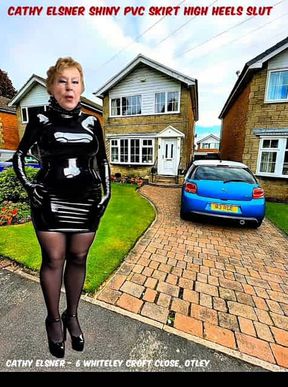 Cocksucking Shiny PVC Skirt Stockings High Heels Pornstar Slut Granny at Home on the Front Drive - Shiny PVC Slut is Dressed in Shiny PVC Walking About in Public View Outdoors in Front of Her Neighbours and Public Passers-By in the Street Exposed