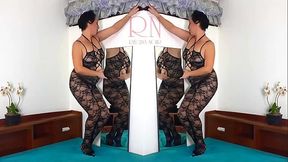 Black body stockings. Slut with mirror posing in black mesh body lingerie Sexy lingerie. MIX 1