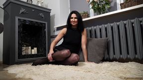 eva in black dress and pantyhose rubbing her pussy thru sheer nylon