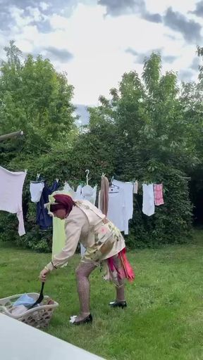 Dressed in a little dress to pick up the laundry