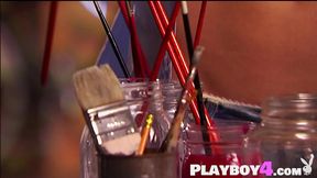 Big tits MILF naked and wet as blonde babe watches striptease