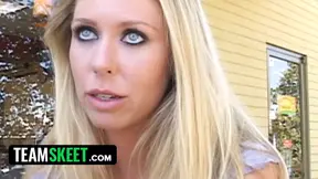 Amateur blonde teen rubs pussy in public for boyfriend