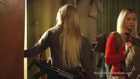 Busty submissive lesbian slave takes punishment with a smile