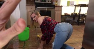 Hot blonde MILF has to clean the kitchen naked because of her perverted stepson